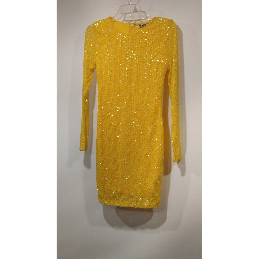 Stiletto's Sequin Bodycon Mini Dress Womens Small Yellow Excellent Long Sleeve